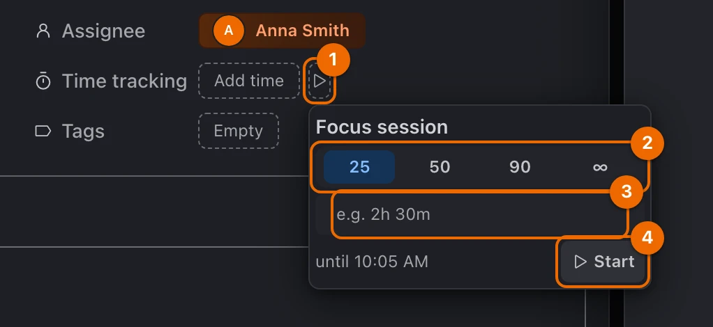 An open task with the Focus session card: 25 minutes selected among 25, 50, 90 and ∞, the field for a custom length, and Start