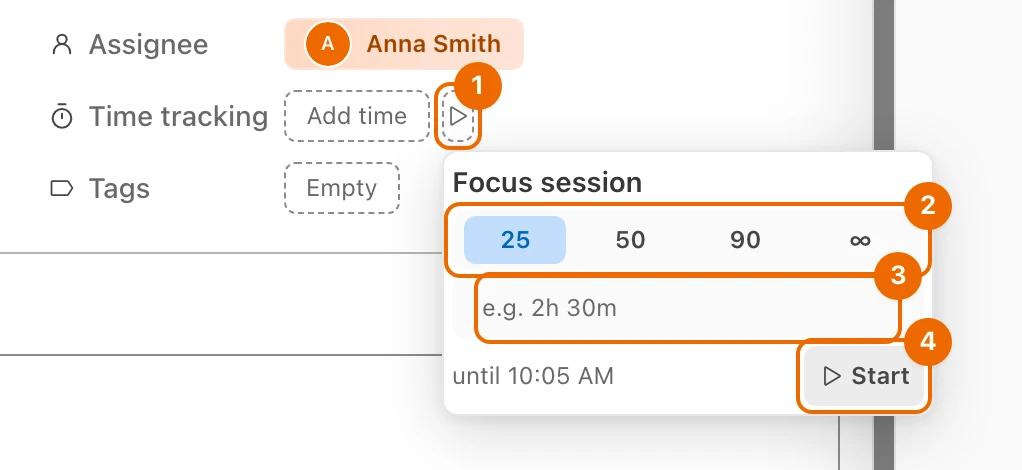 An open task with the Focus session card: 25 minutes selected among 25, 50, 90 and ∞, the field for a custom length, and Start