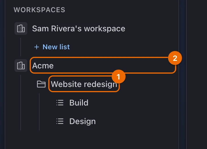 The sidebar as the contractor sees it: their own workspace, and in Acme only the folder Website redesign with the lists Build and Design