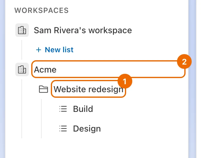 The sidebar as the contractor sees it: their own workspace, and in Acme only the folder Website redesign with the lists Build and Design