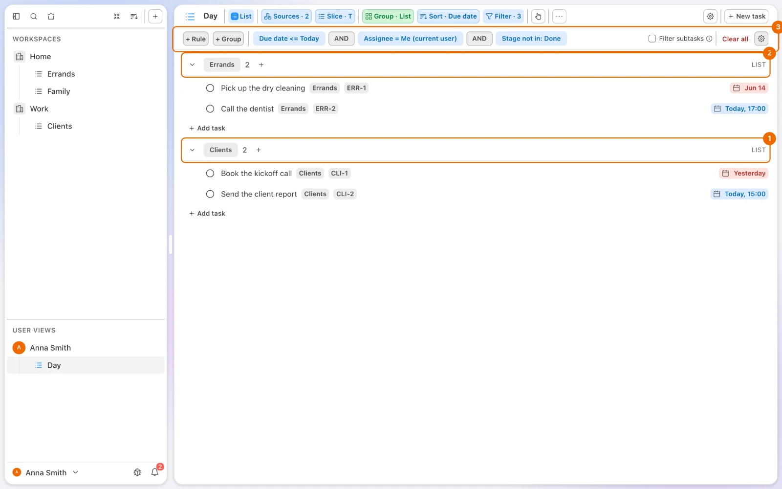 The personal List view Day grouped by list: Errands from Home with Call the dentist, and Clients from Work with Send the client report