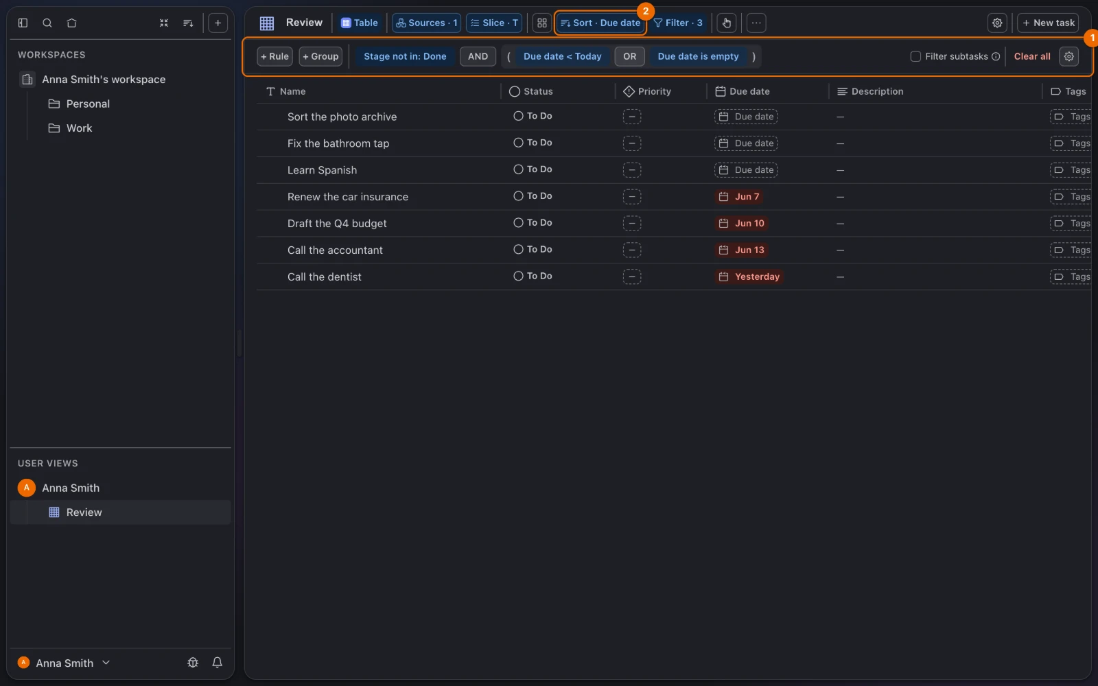 The Table view Review: three tasks without a due date on top, then four overdue tasks, oldest first, with the filter rules and the Sort by Due date button above