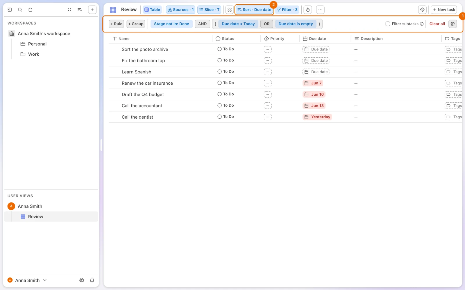 The Table view Review: three tasks without a due date on top, then four overdue tasks, oldest first, with the filter rules and the Sort by Due date button above